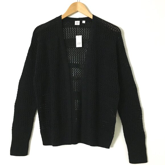 NEW! GAP Black Open Weave Crochet Cocoon Open Front Sweater With Side Slits - M - Picture 2 of 8